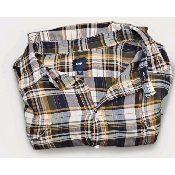 GAP XL Flannel Shirt Plaid Classic Fit Navy Yellow White 99/1 Cotton Unisex - Picture 2 of 12